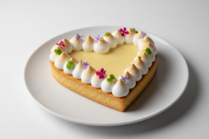 Pie de limón corazón de 15 cm sobre plato blanco minimalista con borde de merengue artesanal y centro de lemon curd natural.