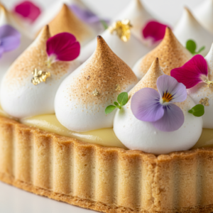 Primer plano macro de pie de limón gourmet mostrando merengue suizo tostado, flores comestibles púrpuras y láminas de oro comestible sobre masa sablé.